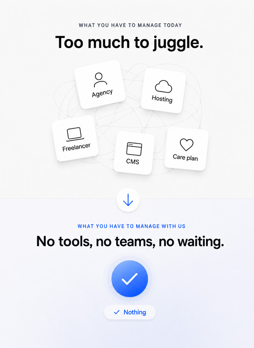 What you have to manage today is too much to juggle (agency, hosting, freelancer, CMS, care plan). What you have to manage with us is nothing — no tools, no teams, no waiting.