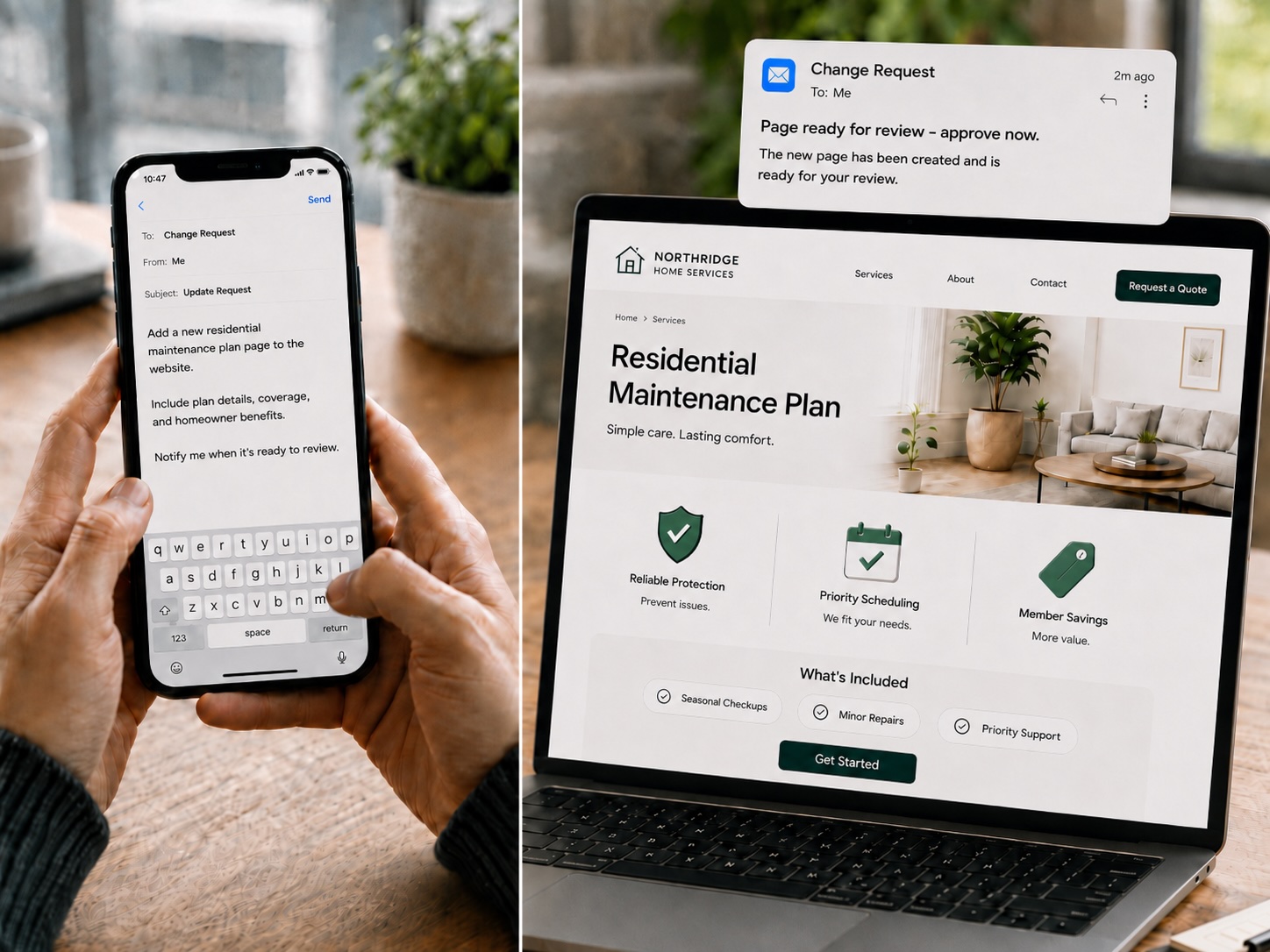 A change request emailed from a phone on the left, and the new page built on a laptop on the right with a notification reading: Page ready for review, approve now